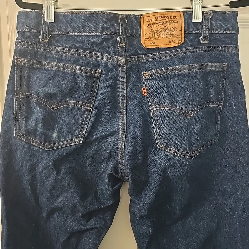 Vintage Orange Tab Levi's 506 Dark Wash Blue‎ Jeans Size 36x27 Paint Splatter